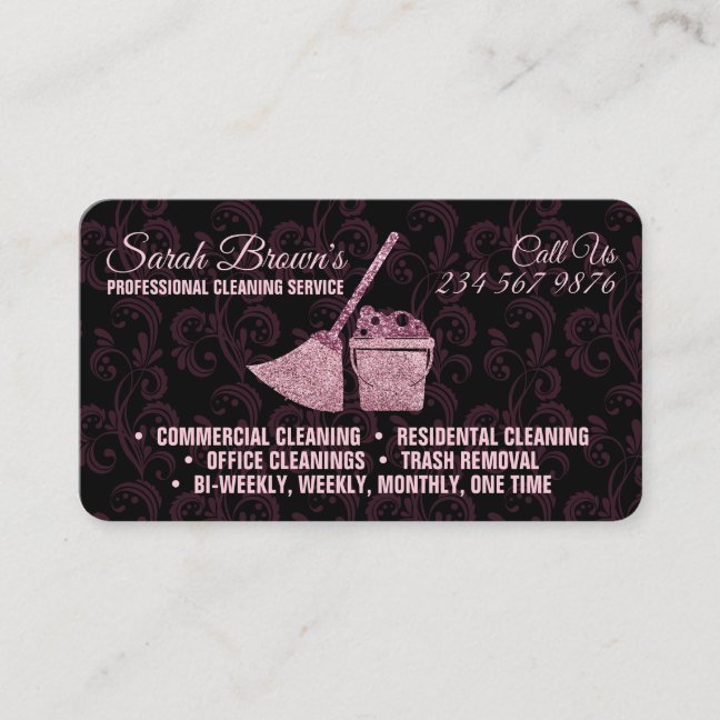 Cleaning Service Maid Janitorial pink swirl Business Card