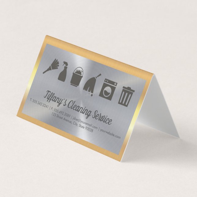 Cleaning Service | Maid Supplies | Gold Border Business Card (Front)