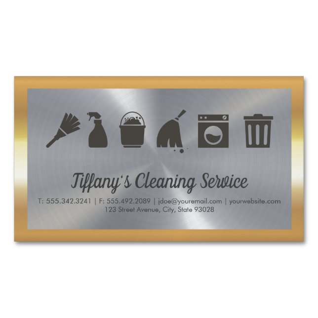 Cleaning Service | Maid Supplies | Gold Border Business Card Magnet (Front)