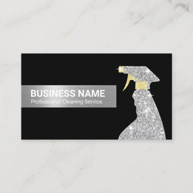 Cleaning Service Modern Black & Silver Business Card (Front)