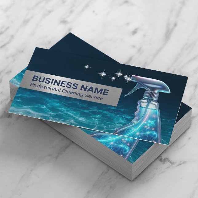 Cleaning Service Modern Blue Glowing Spray Cleaner Business Card (Creator Uploaded)