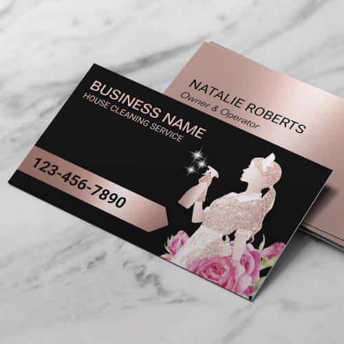 Cleaning Service Modern Rose Gold Maid Floral Business Card