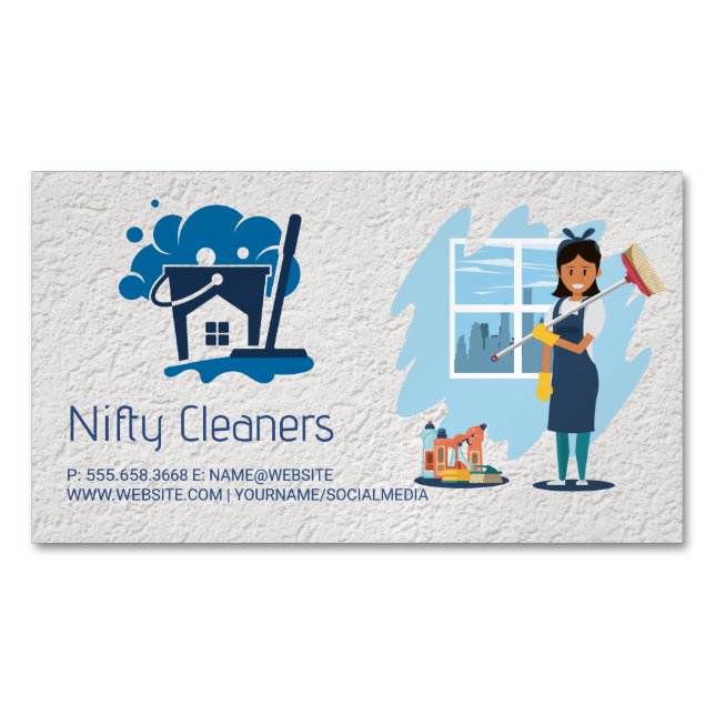 Cleaning Service | Mop Broom House Logo Business Card Magnet (Front)