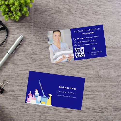 Cleaning service navy blue photo QR code Business Card