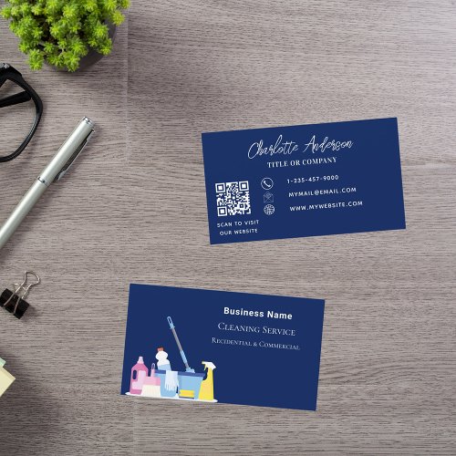 Cleaning service navy blue QR code Business Card