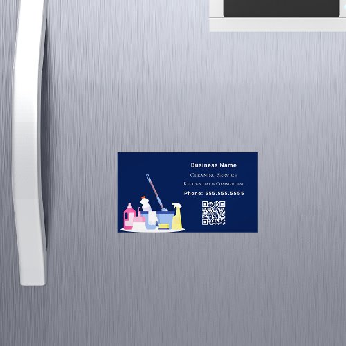 Cleaning service navy blue QR code Business Card Magnet