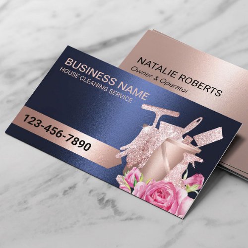 Cleaning Service Navy  Rose Gold Modern Floral Business Card