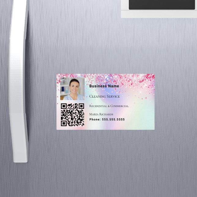Cleaning service photo QR code holographic pink Business Card Magnet (Creator Uploaded)