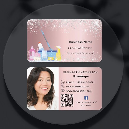 Cleaning service pink glitter dust QR code photo Business Card