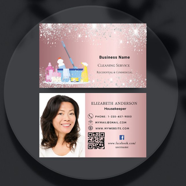 Cleaning service pink glitter QR  photo premium Business Card (Creator Uploaded)