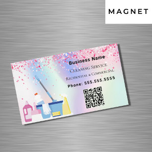 Cleaning service pink holograpgic QR code Business Card Magnet