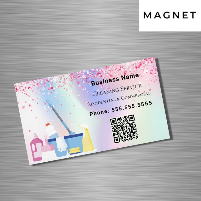Cleaning service pink holograpgic QR code Business Card Magnet (Creator Uploaded)