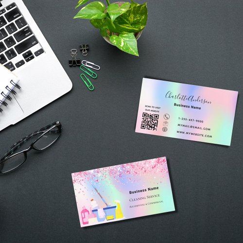 Cleaning service pink holographic dust QR code Business Card