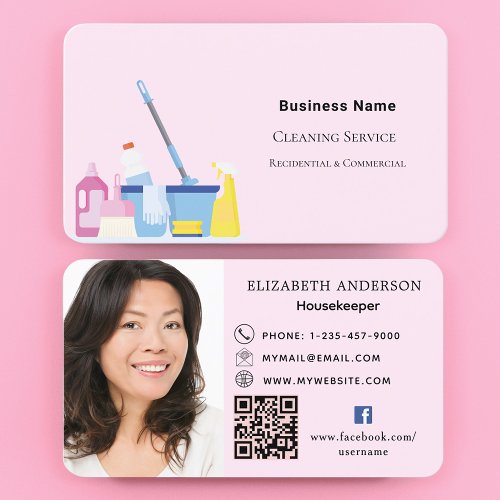 Cleaning service pink QR code photo Business Card