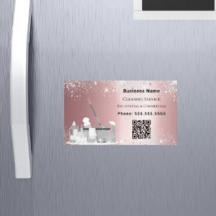Cleaning service pink silver glitter dust QR code Business Card Magnet