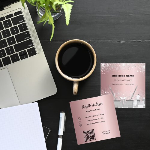 Cleaning service pink silver glitter dust QR code Square Business Card