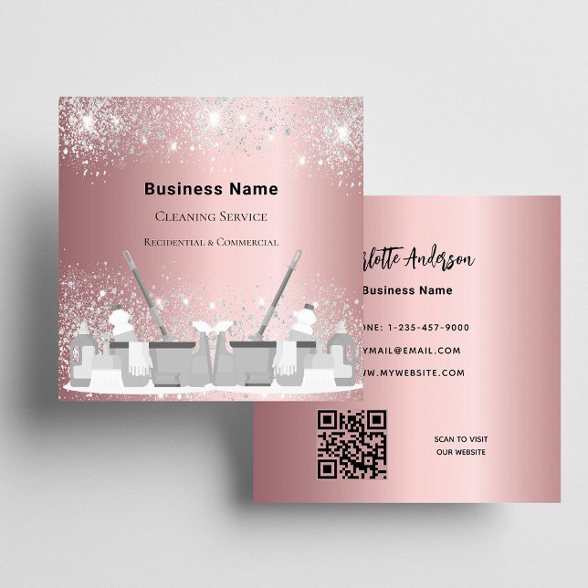 Cleaning service pink silver glitter dust QR code Square Business Card (Creator Uploaded)