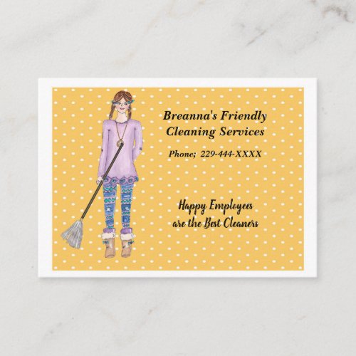Cleaning Service Polka Dots Girl and Mop Business Card