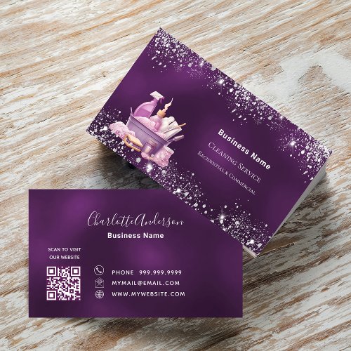 Cleaning service purple silver glitter QR code Business Card