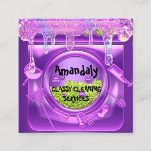 Cleaning Service QRCode Laundy Drips Soap Purple Square Business Card
