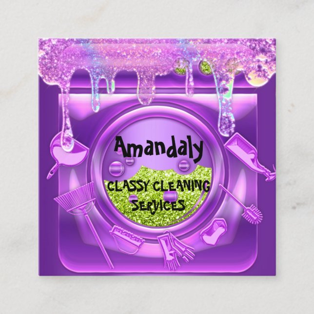 Cleaning Service QRCode Laundy Drips Soap Purple  Square Business Card (Front)