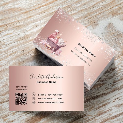 Cleaning service rose gold glitter dust QR code Business Card