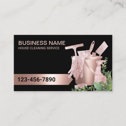 Cleaning Service Rose Gold Modern Greenery Business Card