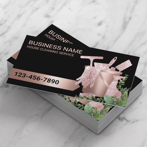 Cleaning Service Rose Gold Modern Greenery Business Card