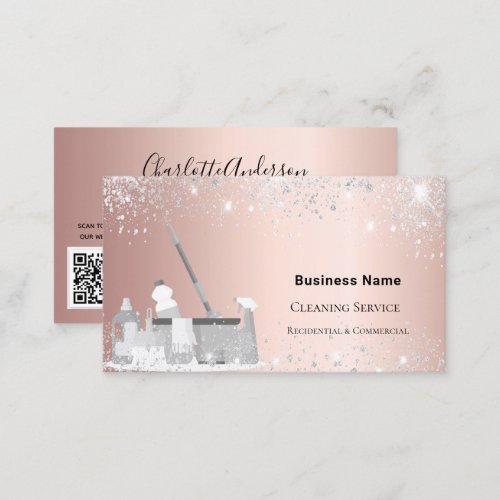 Cleaning service rose gold silver glitter dust QR Business Card
