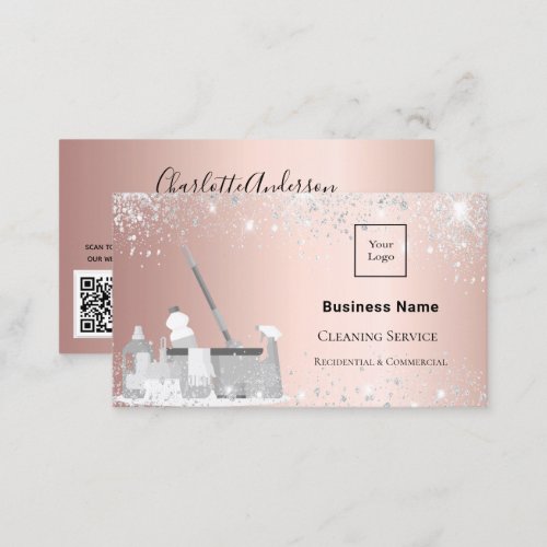 Cleaning service rose silver glitter dust logo QR Business Card