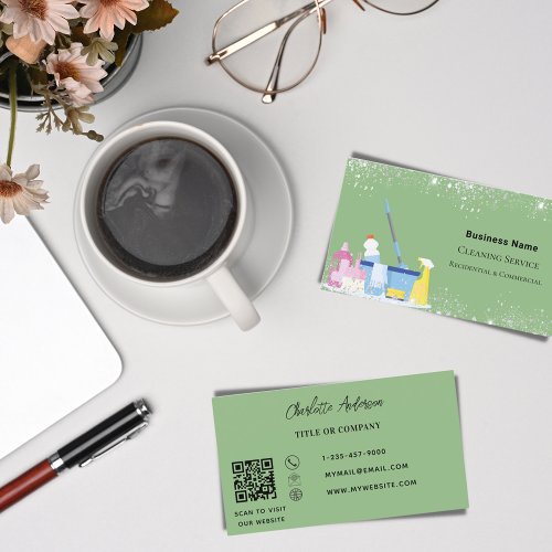 Cleaning service sage green silver dust QR code Business Card