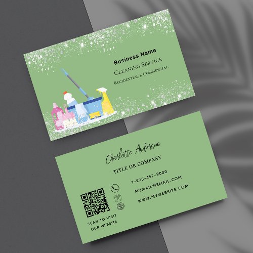 Cleaning service sage green silver dust QR code Business Card