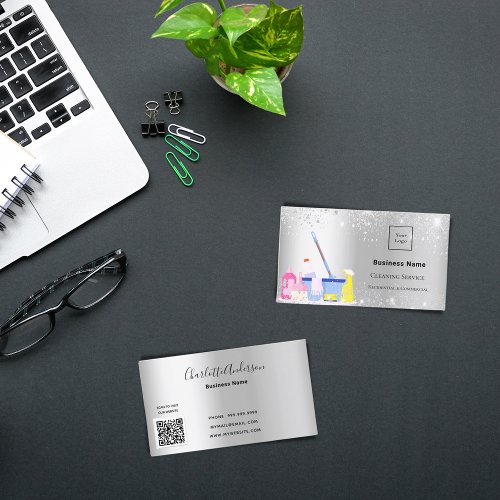 Cleaning service silver glitter dust logo QR code Business Card