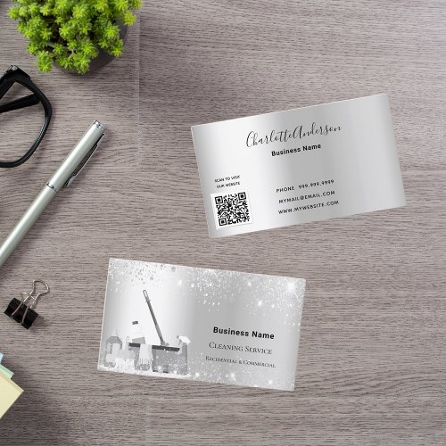 Cleaning service silver glitter dust QR code Business Card