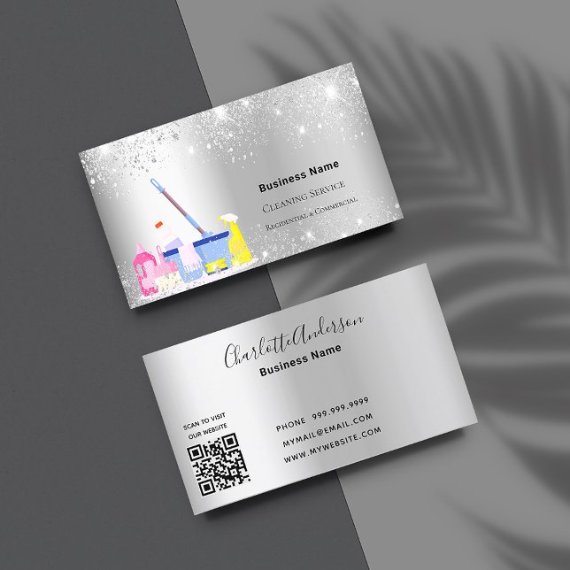 Cleaning service silver glitter dust QR code Business Card (Creator Uploaded)