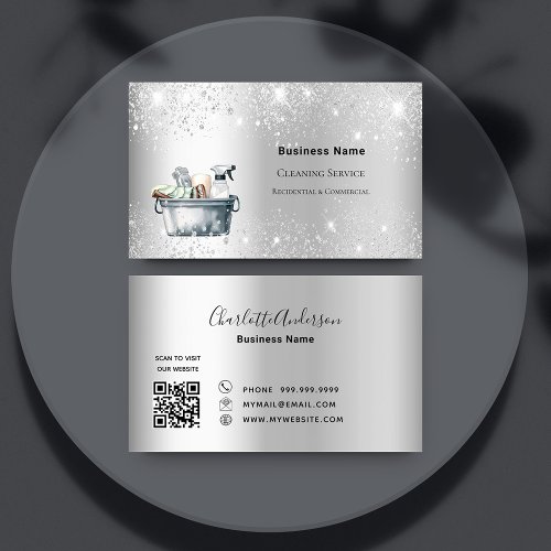 Cleaning service silver glitter dust QR code Business Card