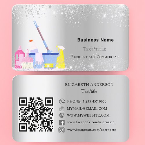 Cleaning service silver glitter dust QR code Business Card