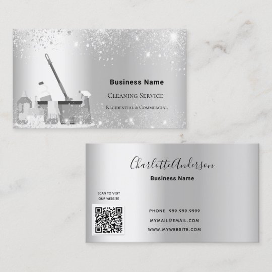 Cleaning service silver glitter dust QR code Business Card