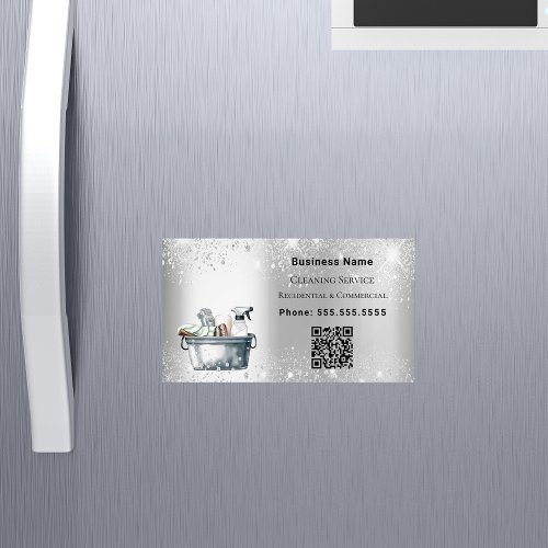 Cleaning service silver glitter dust QR code Business Card Magnet
