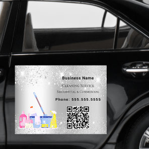 Cleaning service silver glitter dust QR code Car Magnet