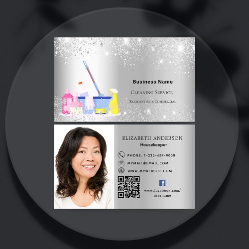 Cleaning service silver glitter dust QR code photo Business Card