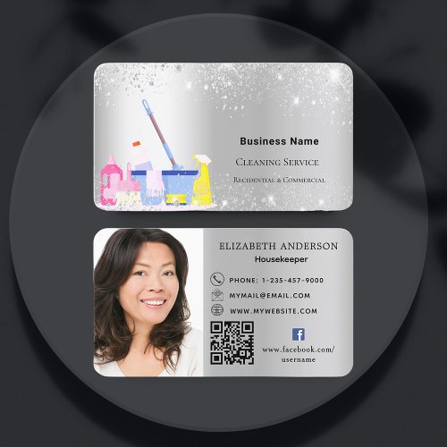 Cleaning service silver glitter dust QR code photo Business Card