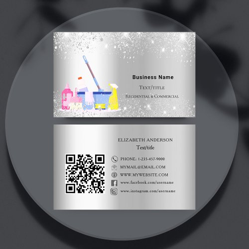 Cleaning service silver glitter QR code premium Business Card