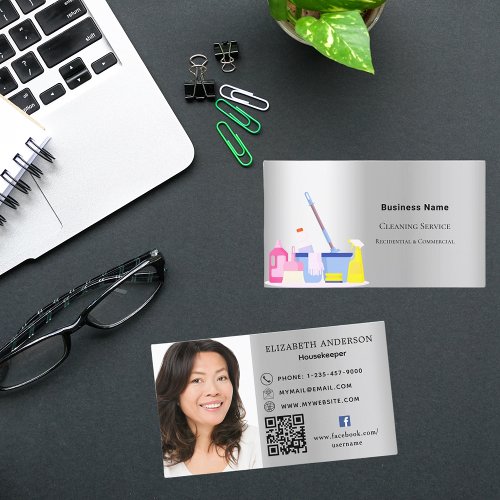 Cleaning service silver QR code photo Business Card