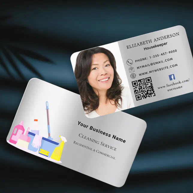 Cleaning service silver QR code photo Business Card | Zazzle