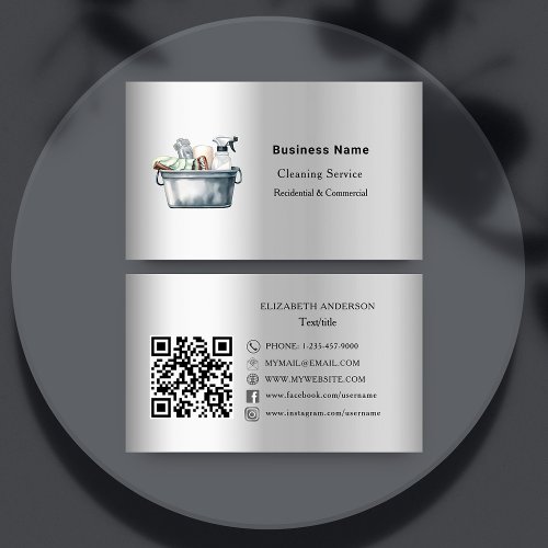 Cleaning service silver QR code social media Business Card