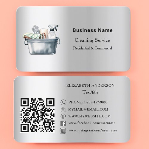 Cleaning service silver QR code social media Business Card