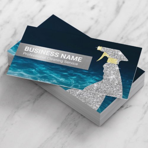 Cleaning Service Silver Spray Bottle Blue Water Business Card
