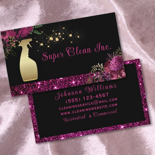 Cleaning Service Spray Bottle Floral Glitter Business Card