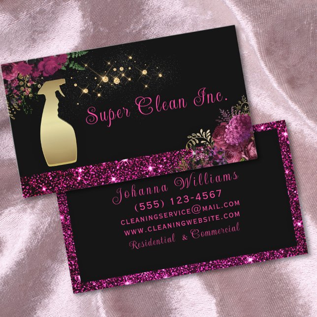 Cleaning Service Spray Bottle Floral Glitter Business Card (Creator Uploaded)